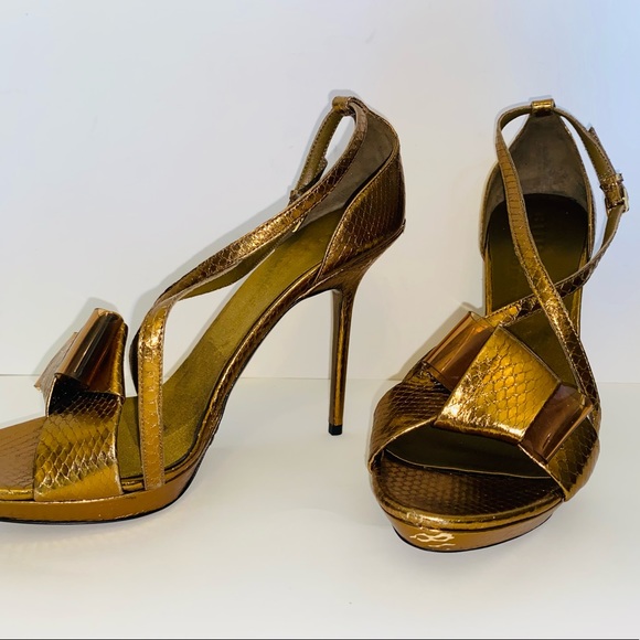 Burberry Prorsum Berkeley Snakeskin Bow Metallic Bronze High Heel Sandals Size39 - Picture 2 of 7
